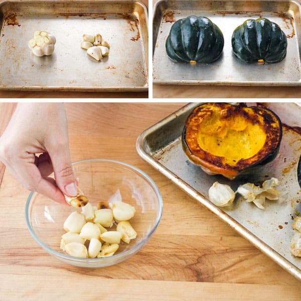 Oiled garlic on pan covered with acorn squash halves and hand squeezing roasted garlic cloves.