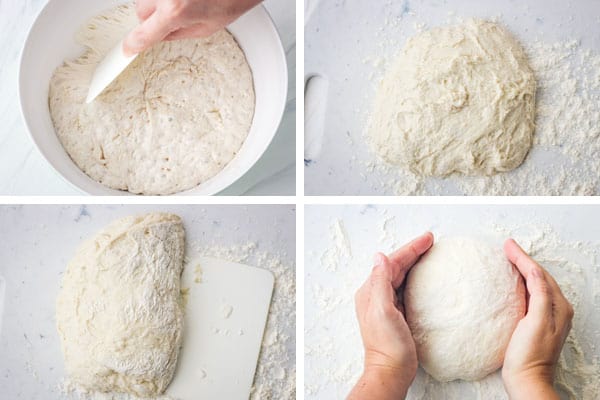 Overhead view of dough on floured board folded and shaped.