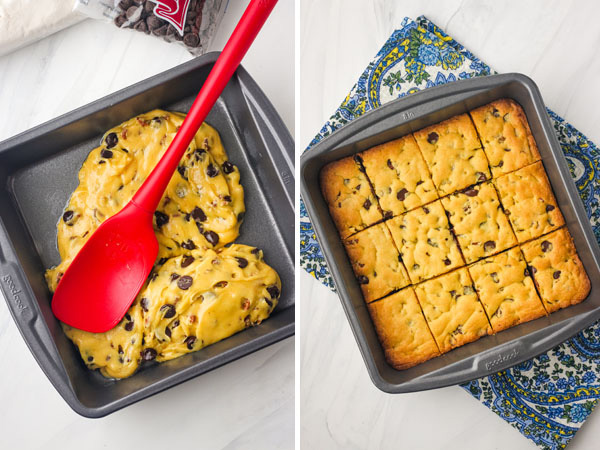 Batter in an 8x8 pan spread by a spatula and a pan of baked bars.