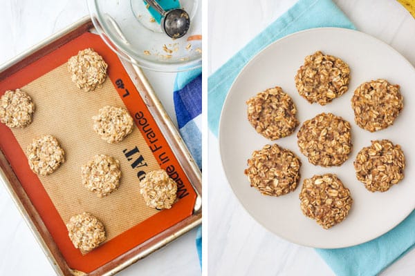 Unbaked cookies on a pan and baked cookies on a plate.