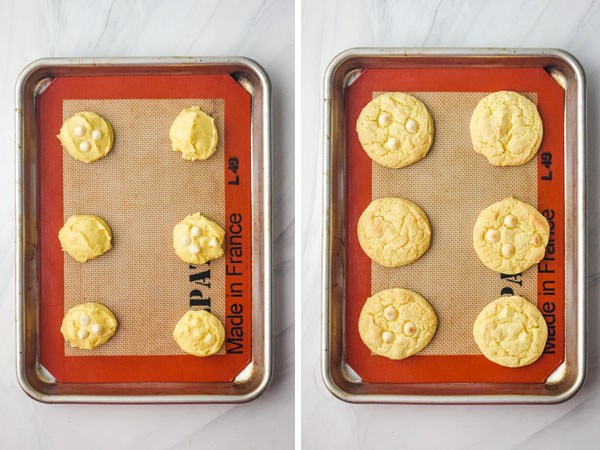 Cookie dough on a sheet pan next to baked cookies on a sheet pan.