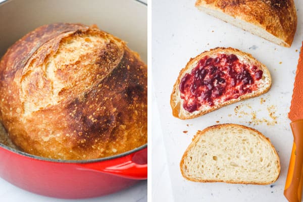 Baked bread in a dutch oven and bread slices on a cutting board.