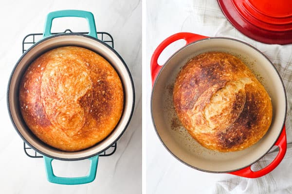 Overhead view of breads baked in small dutch ovens.