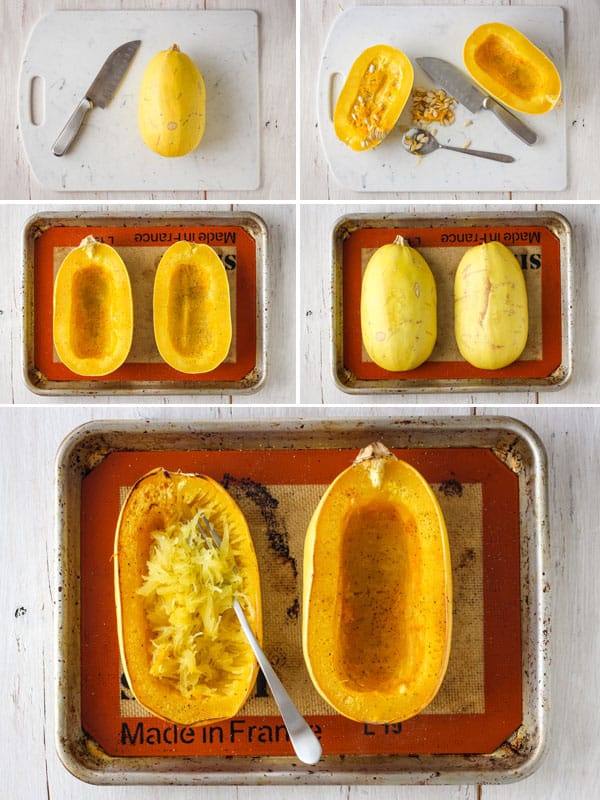 Photos of a spaghetti squash slice in half, seeded, roasted on a baking sheet and scrapped into strands with a fork.