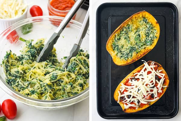 Filling in a bowl and stuffed squash on a pan.