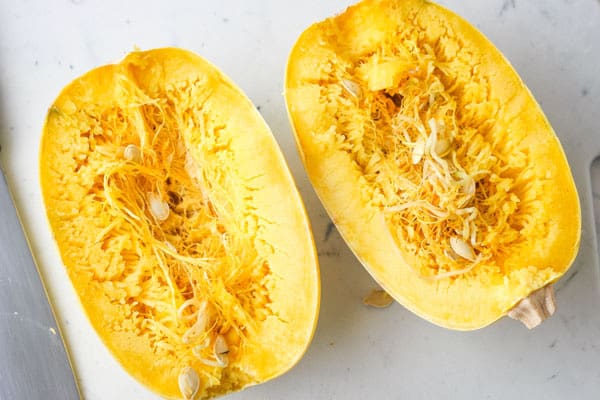 Sprouting seeds inside a spaghetti squash.