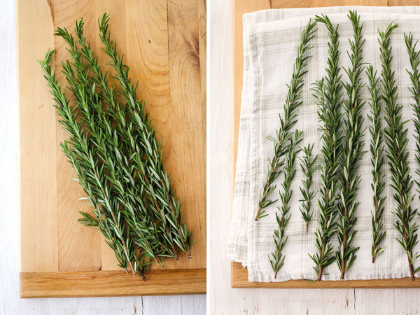 First Photo: Fresh rosemary on cutting board. Second Photo: Clean rosemary drying on a white towel.