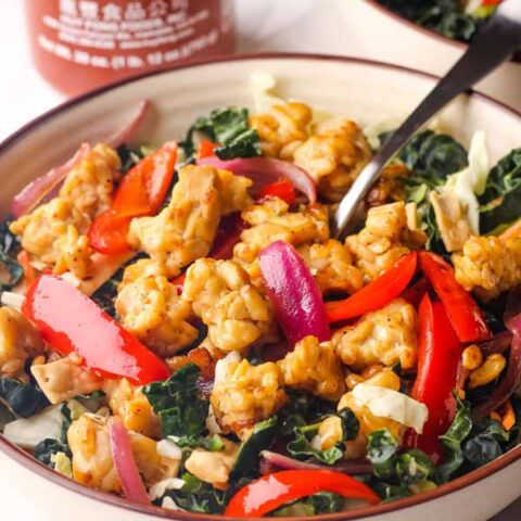 Closeup of crispy tempeh chunks and colorful salad in a bowl.