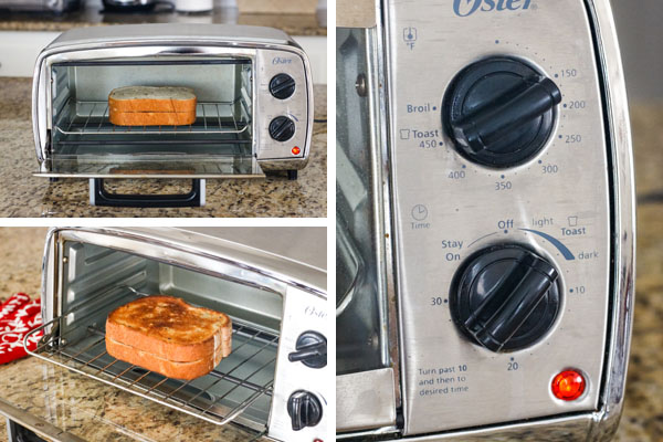 Photos of sandwich inside a toaster oven and close up of oven controls set to toast.