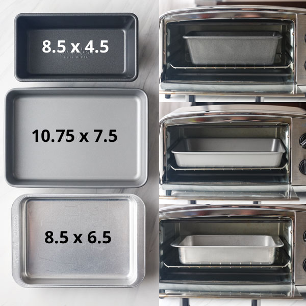 3 baking pans with measurements typed on them.