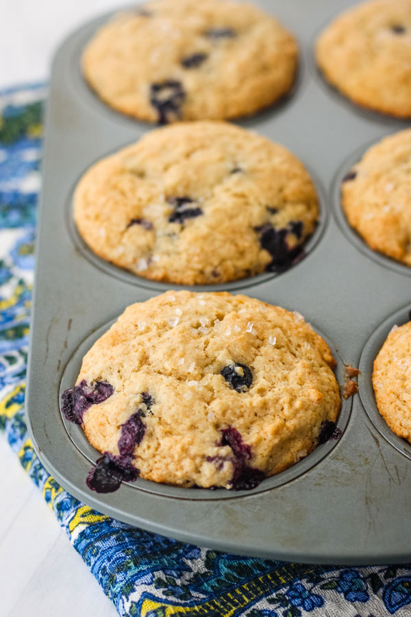 Toaster Oven Blueberry Muffins in a 6-cup baking tin.