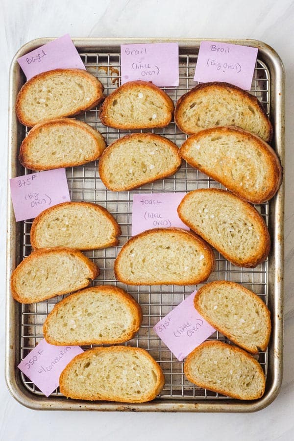 Toasted bread slices with labels identifying settings used.