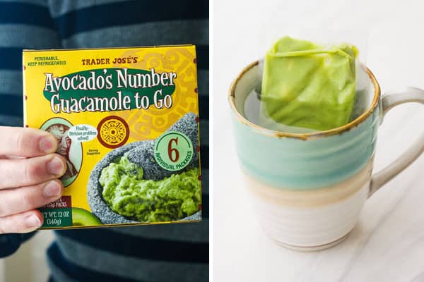 First Photo: Hand holding box of single-serving guacamole. Second Photo: Guacamole packet in a mug of water.