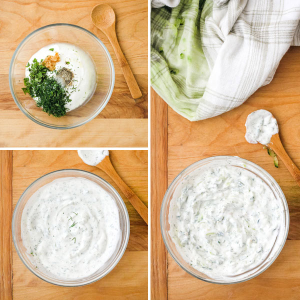 3 photos of tzatziki sauce ingredients combined and stirred together.