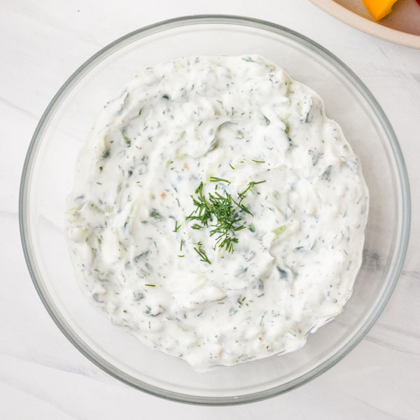 Tzatziki Dip For Two in a small glass bowl.