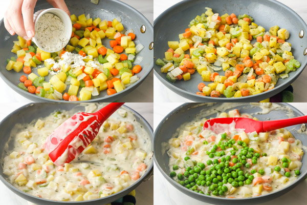 Chopped vegetables in a skillet coated with flour and in a sauce with frozen peas.