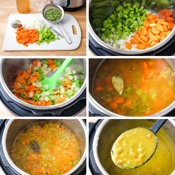 Ingredients on cutting board and soup cooking in Instant Pot.