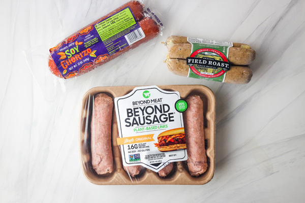 Packages of Beyond Meat Sausage, Soy Chorizo, and Field Roast Sausage.