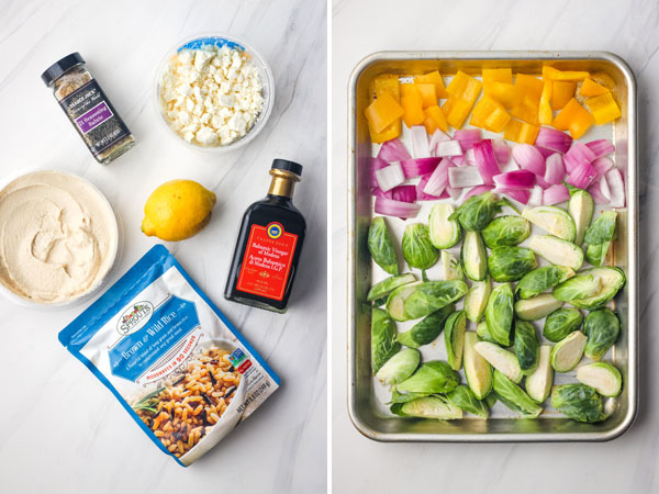 Hummus bowl ingredients and chopped brussels sprouts, red onion, and bell pepper on a sheet pan.