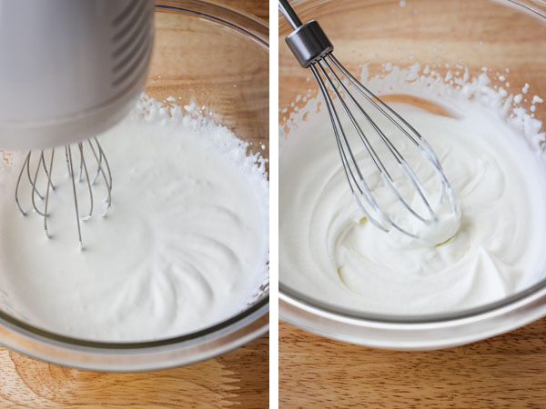 A glass bowl of cream whipped by a hand mixer and a bowl of whipped cream with a whisk