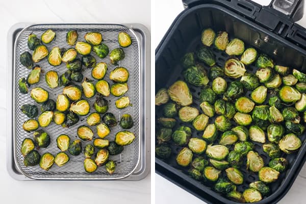 Two sets of roasted Brussels sprouts in an air fryer drawer and basket.