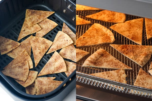 Cinnamon chips in oven and drawer-style air fryer baskets.