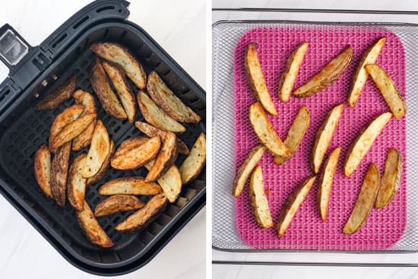 Oven and drawer-style air fry baskets with potato wedges.