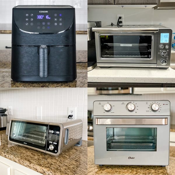 Air fryer and toaster oven air fryers on kitchen counters.