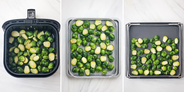 One pound of Brussels sprouts in a variety of air fryer baskets.