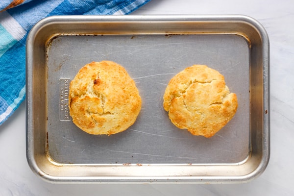 Overhead view of two golden brown baked biscuits on a 1/8 sheet pan.