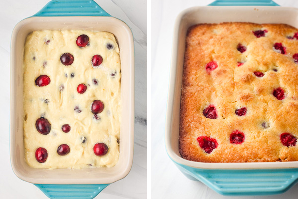 A small blue baking dish with cake batter and a baked cake.