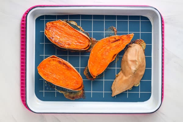 Baked sweet potato halves.