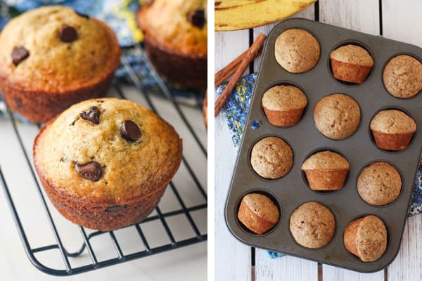 Muffins on cooling rack and mini muffins in a pan.