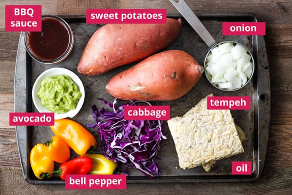 Recipe ingredients arranged on a pan with labels.