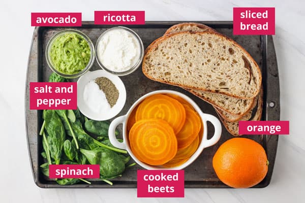 Labeled ingredients for beet and avocado sandwiches.