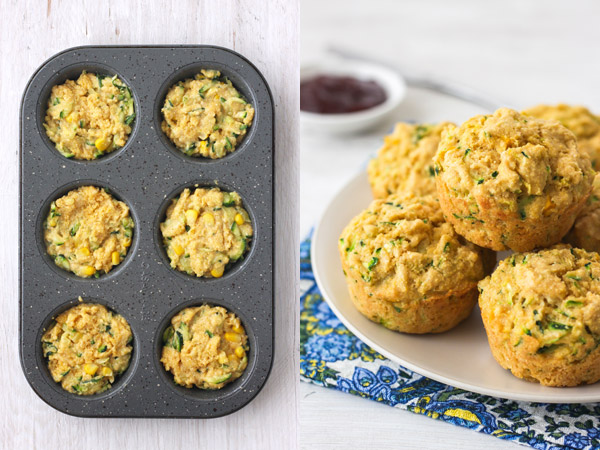 A muffin pan filled with batter and a white plate of cornbread muffins.