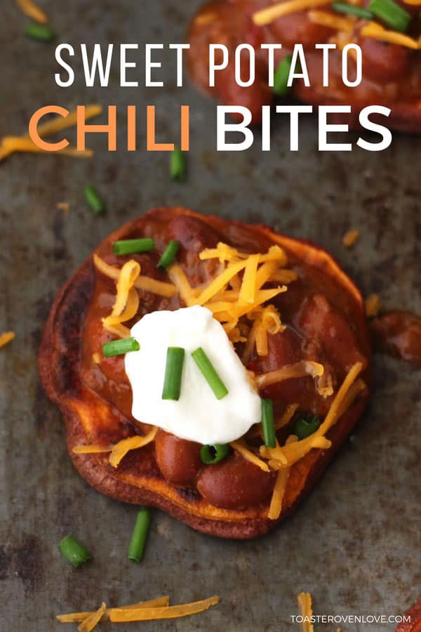 Baked sweet potato round topped with chili and shredded cheese.