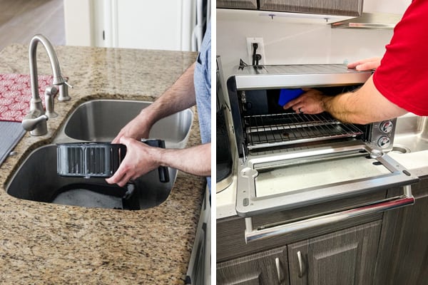 Person cleaning soapy basket in sink and wiping down inside toaster oven.