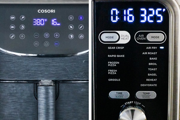 Closeup of digital air fryer controls.