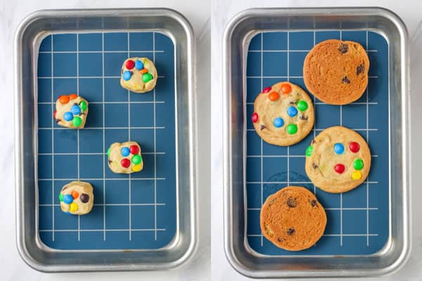 Lined eighth sheet pans with raw and baked cookies.