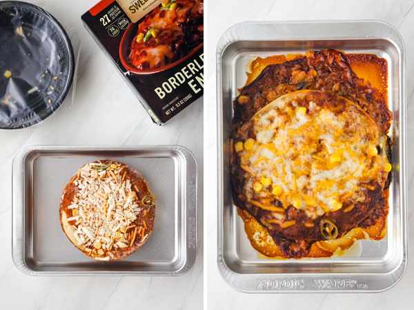 First photo: Frozen meal in a metal baking pan. Second photo: Cooked enchilada bowl in a toaster oven baking dish.