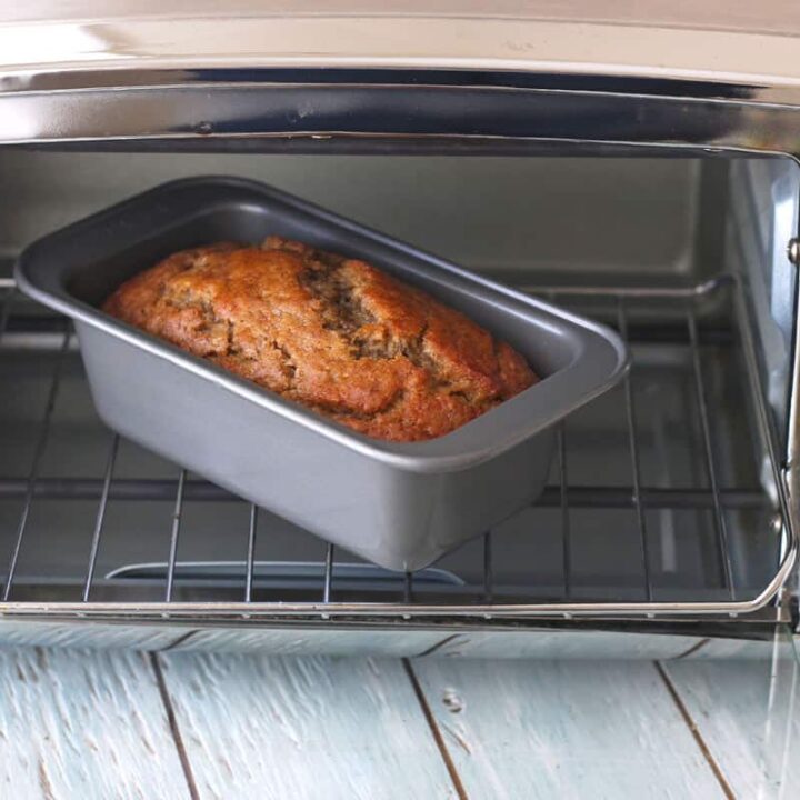 mini loaf pan inside a small toaster oven