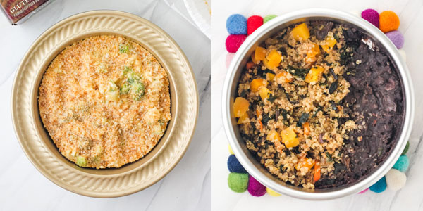 First Photo: Frozen macaroni and cheese in a mini pie pan. Second Photo: Cooked meal in a 6-inch round cake pan.