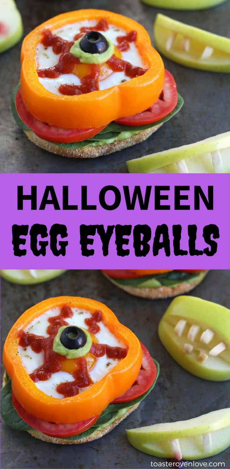 Eggs baked in bell pepper rings decorated like eyeballs on a baking sheet.