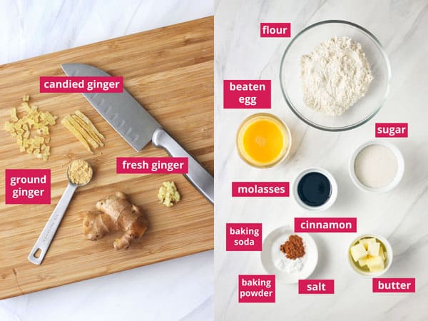 Cutting board with chopped candied ginger, ground ginger, grated fresh ginger and labeled bowls of ingredients.