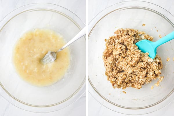 Mashed banana and oat cookie dough in a bowl.