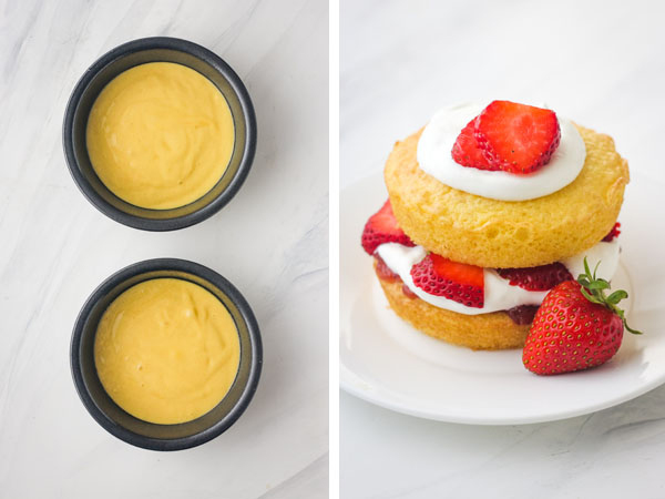 Two mini pans with yellow cake batter and a white plate with a mini strawberry shortcake cake.