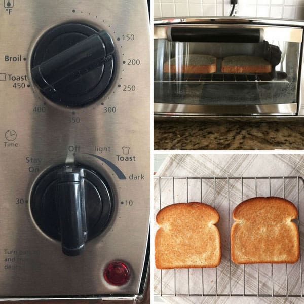 Close up of toaster oven knob controls and toasted bread.