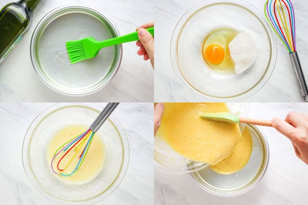 Brushing pan with oil, whipping eggs and sugar, pouring cake batter in a pan.