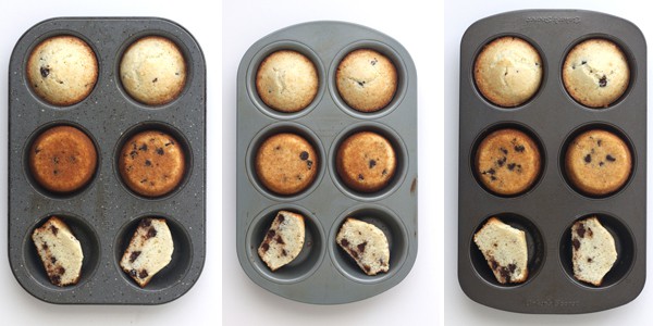 Toaster oven muffins baked in 3 different pans.